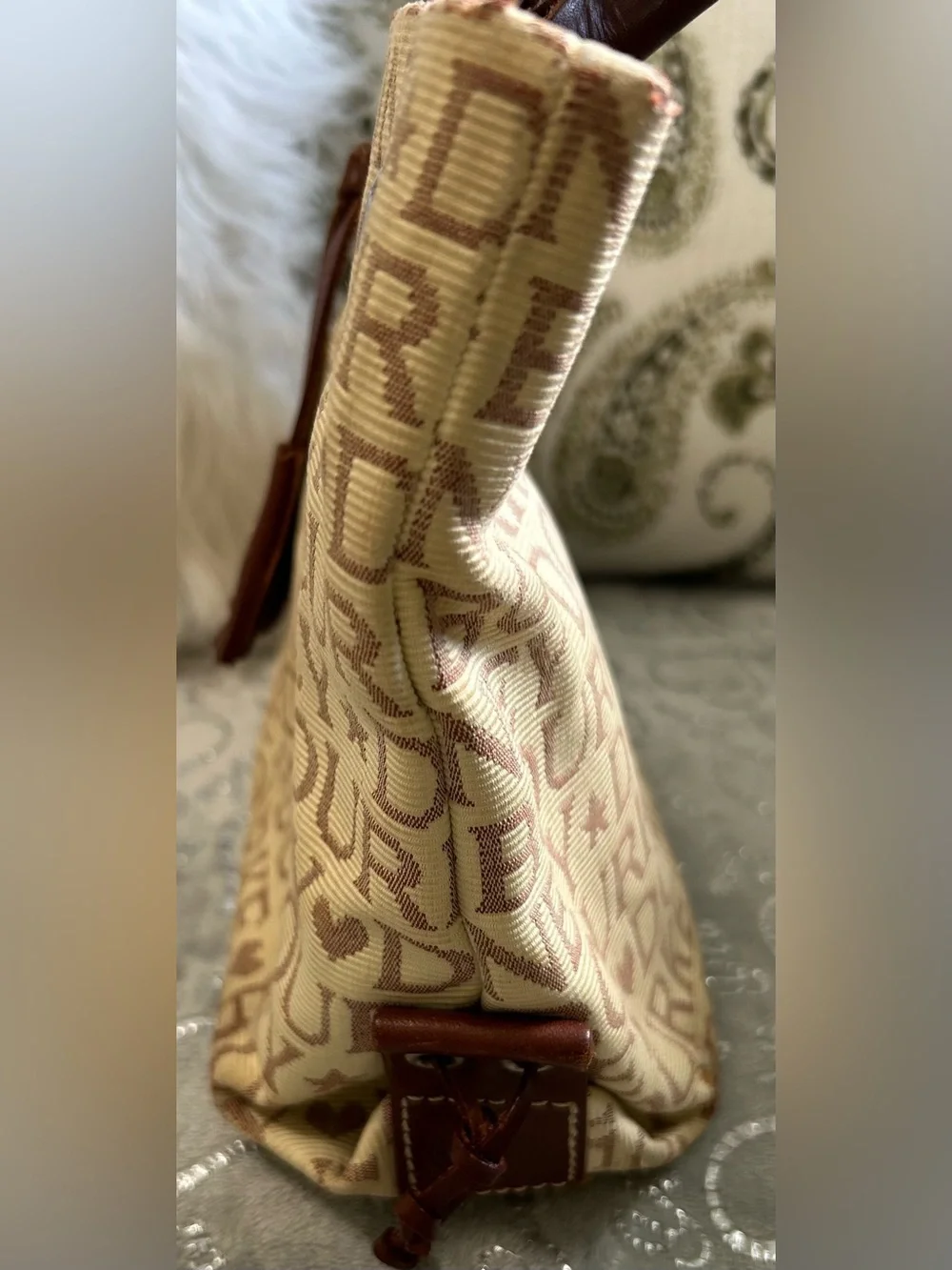 NEW  & Bourke Small Tassle Tan and Brown Logo Jacquard Tote with Leather Trim